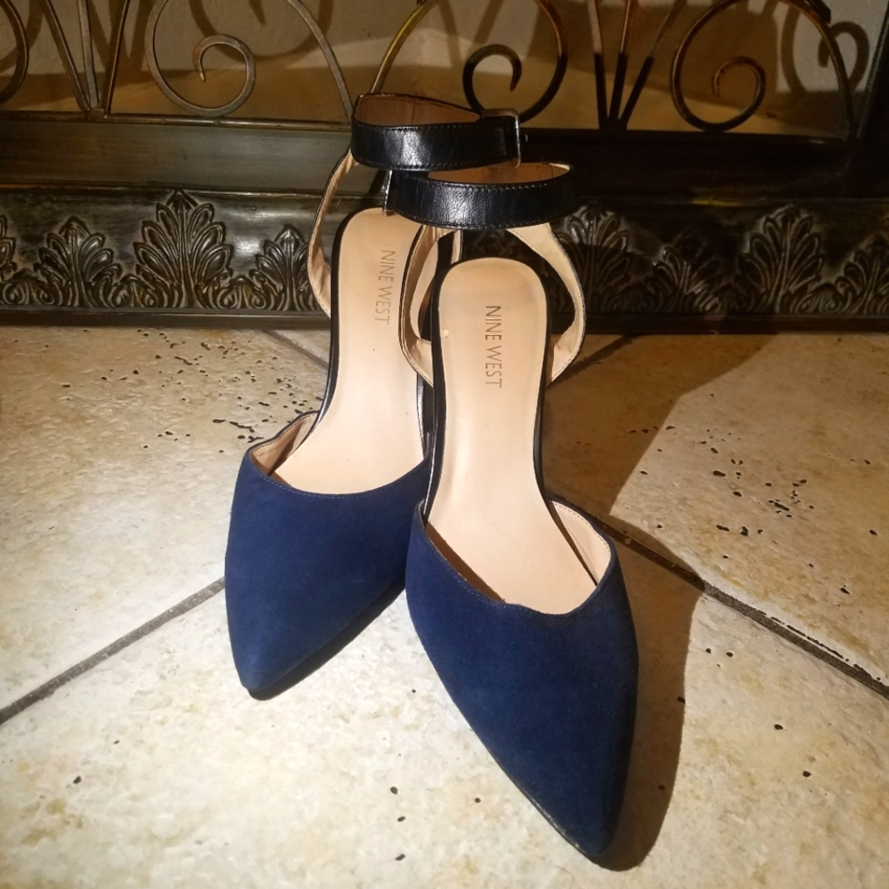 Elegant Dark Blue Ankle Strap Pointy Stiletto Pumps